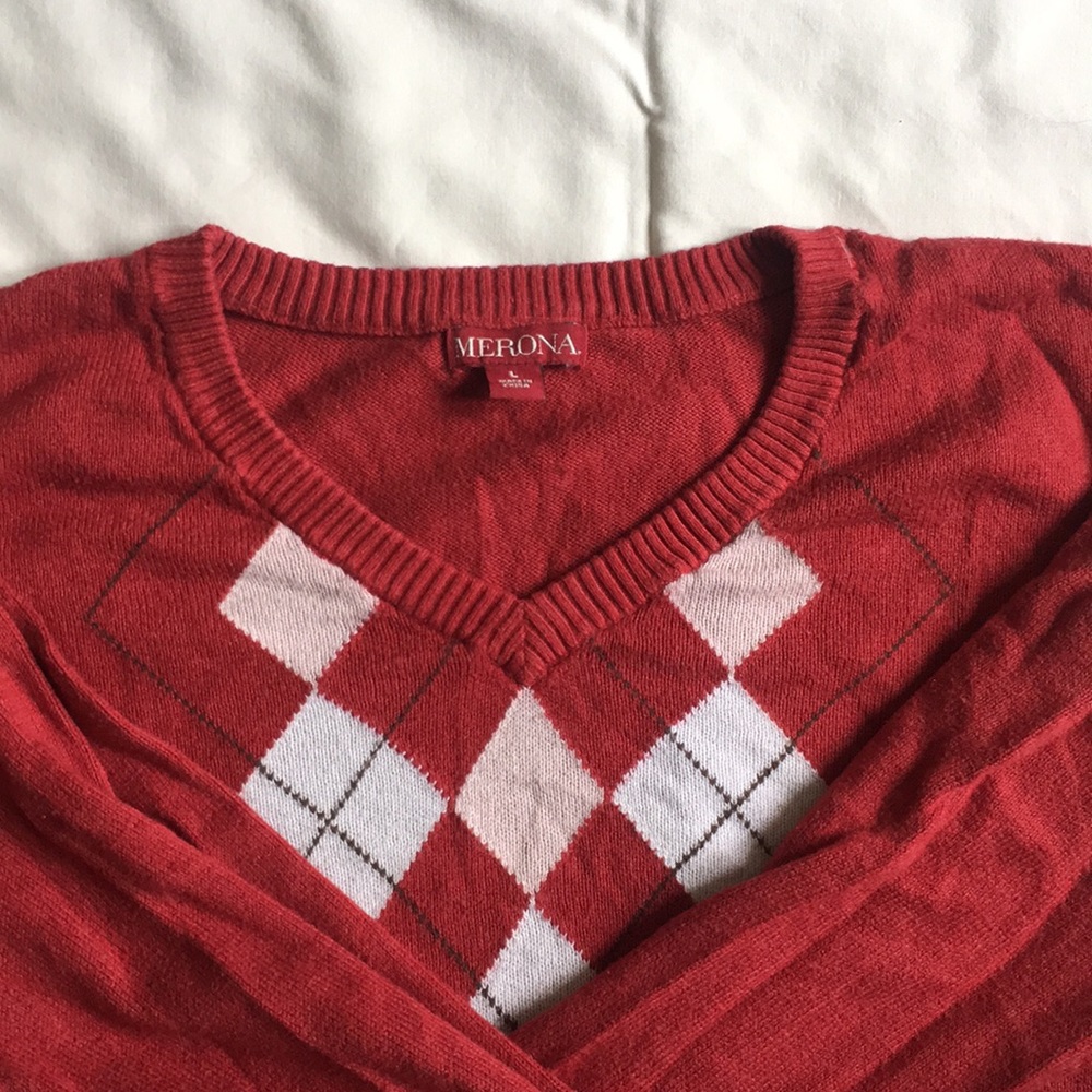 Red argyle sweater